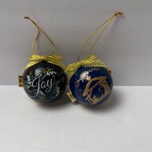 Set of 2 Joyful Holiday Ornaments Ball Lockets - Black Red White Blue Gold